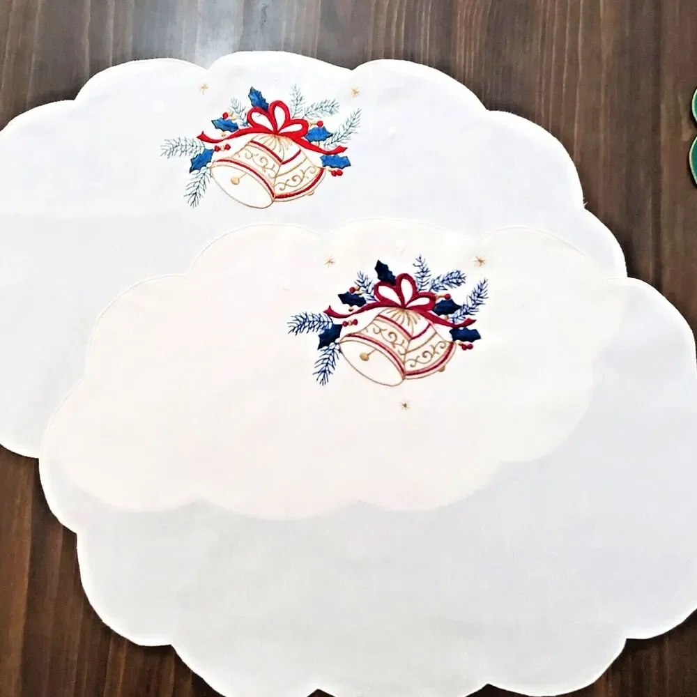 Oval Doily Placemats Lot 2 Embroidery Scallops Cream Bells Christmas 12x18